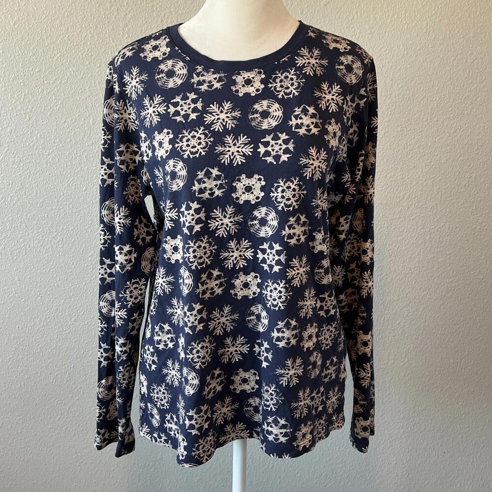 Lands End Crewneck Long Sleeve Snowflake Print TShirt Blue/White Size Small